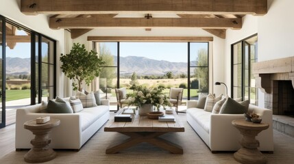 luruxy rural modern farmhouse living room with historic wood beams and features - obrazy, fototapety, plakaty