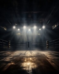 Boxing arena with dark lights in the background - obrazy, fototapety, plakaty
