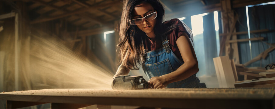 Woman carpenter using electric tool for cutting wood. woman work with construction tools.
