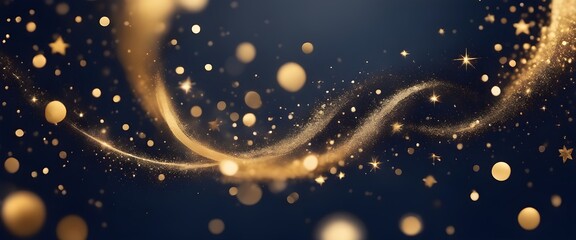 Abstract dark blue background with particles and golden shiny star dust. Christmas feeling. A navy blue backdrop adorned with a shimmering cascade of golden light, creating a captivating bokeh effect. - obrazy, fototapety, plakaty