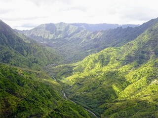 Fototapeta na wymiar Sky view of the mountains and valleys of Kauai 