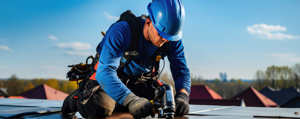 Construction worker on nwe roof. Professional roofer in action. - obrazy, fototapety, plakaty