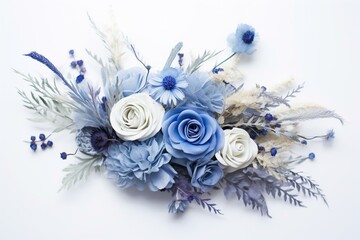 White background with dried blue flowers in a blue bouquet arrangement. Generative AI