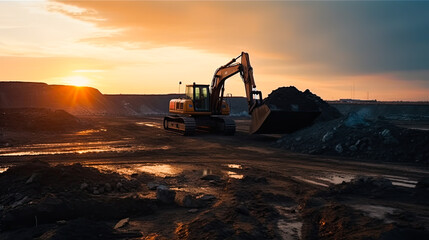 As the sun dips below the horizon, an excavator engages in earthmoving at a coal open pit, casting a silhouette against the serene sunset backdrop, 