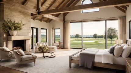 luxury modern farmhouse bedroom with wooden beams