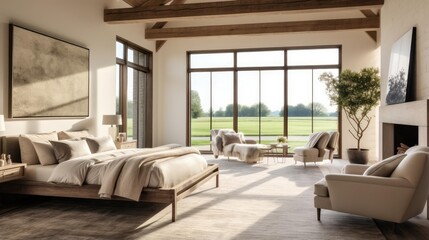 Fototapeta na wymiar luxury modern farmhouse bedroom with wooden beams