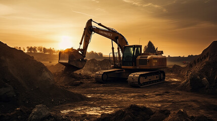 Bathed in the warm hues of the setting sun, an excavator in action at a coal open pit epitomizes...