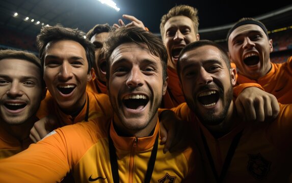 Men's national football team celebrate a match won in stadium. Generative AI