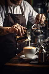 A barista artfully pouring milk into a cup, creating a beautiful latte art design, surrounded by coffee-making tools in a modern cafe
