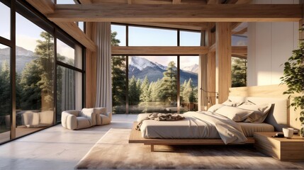 luxury modern open plan bedoom with rich natural light wooden beams and minimalist features view of pine forest