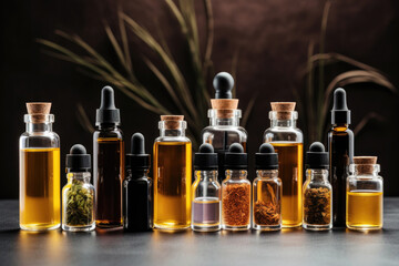 A series of small bottles filled with various colorful essential oils.