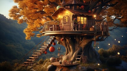 Whimsical treehouse photo realistic illustration - Generative AI.