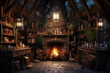 Fototapeta na wymiar Interior of sorcerer's cottage with candles, potions, and spells. Generative AI
