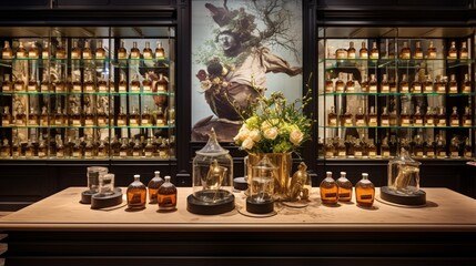 a boutique's fragrance counter, where the art of perfumery is celebrated through exquisite scents - obrazy, fototapety, plakaty