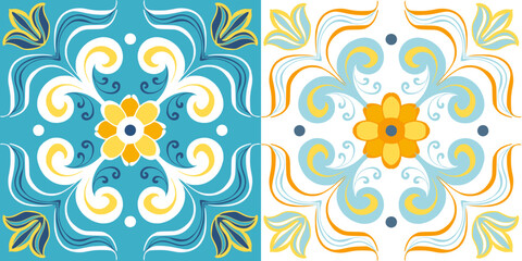 Turquoise blue yellow Mosaic pattern ornament, Moroccan vintage ornament as backgrounds, for fabric, wallpaper, textile, websites, home decor (pillows, towels, napkins), tableware