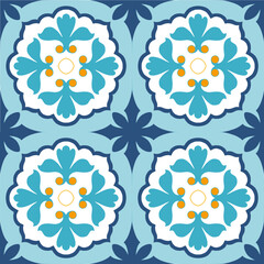 Fototapeta na wymiar Turquoise blue yellow Mosaic pattern ornament, Moroccan vintage ornament as backgrounds, for fabric, wallpaper, textile, websites, home decor (pillows, towels, napkins), tableware