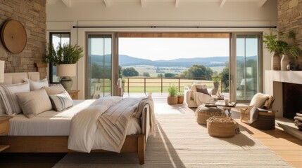 Fototapeta premium Modern country ranch house bedroom with view of rolling hills