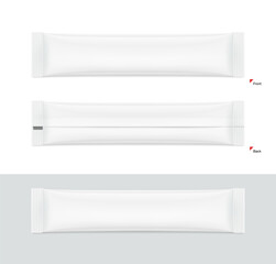 Blank stick package bag mockups. Front and rear view. Vector illustration isolated on white and grey background. Can be use for food, cosmetic, pharmacy and etc. EPS10.
