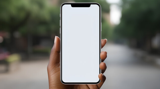 Over Shoulder View Of African Black Girl Student Holding Mobile Phone With White Blank Mock Up Cellular Screen Applications Using Cell Phone. Cellphone Display Mock Up For Advertising Apps Concept 