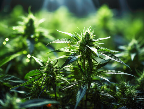 Amidst a backdrop of vibrant green leaves, indoor hemp cultivation is depicted. The photo showcases a young cannabis plant just starting its flowering phase, highlighting the Northern Light strain