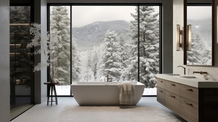 Modern cozy minimalist house bathroom with snowy forest outside