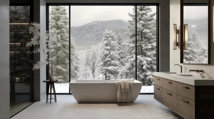 Foto op Plexiglas Modern cozy minimalist house bathroom with snowy forest outside © Fred