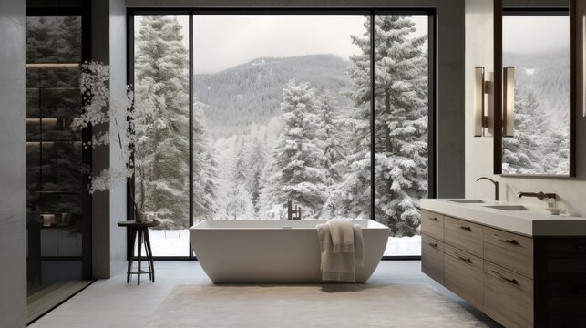 Fototapeta Modern cozy minimalist house bathroom with snowy forest outside