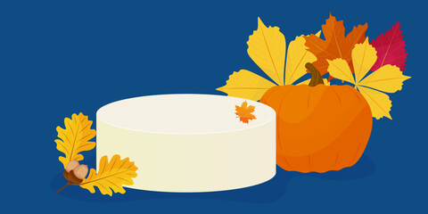 vector empty podium. blue background with colorful autumn leaves, pumpkin.