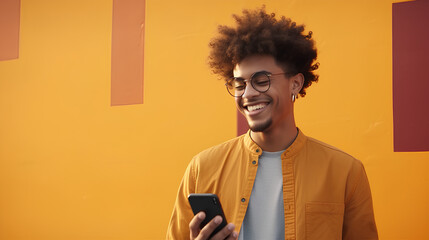 Smiling African American gen z teen standing at color wall using mobile phone. Happy cool ethnic stylish hipster guy model holding cell phone, checking apps on mobile device, looking at cellphone