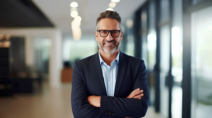 Smiling confident mature businessman looking at camera standing in office. Elegant stylish corporate leader successful ceo executive manager wearing glasses posing for headshot business portrait - obrazy, fototapety, plakaty