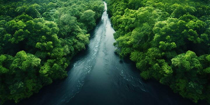 Generative AI, green beautiful amazonian jungle landscape with trees and river, drone view