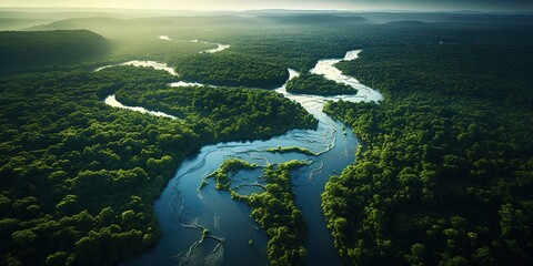 Fototapeta na wymiar Generative AI, green beautiful amazonian jungle landscape with trees and river, drone view