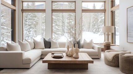 Modern cozy minimalist house living room with snowy forest outside
