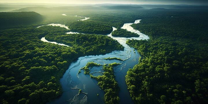 Generative AI, green beautiful amazonian jungle landscape with trees and river, drone view