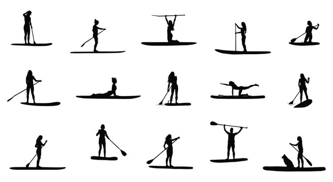 Women paddle boarding. Female SUP silhouette on white background.