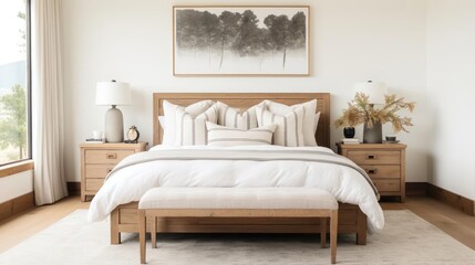 Modern farhmouse decor bedroom with wood accents and pale colors