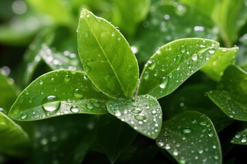 A close-up shot of fresh morning dew on vibrant green leaves, capturing the essence of a new day