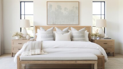 Modern farhmouse decor bedroom with wood accents and pale colors