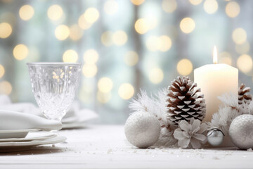 Fototapeta na wymiar Holiday Grace: White-Themed Christmas Table Decor with Pine Cones and Silky White Ribbon, Ideal for a Snowy Celebration