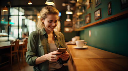 Smiling Young woman using smartphone for online shopping in a coffee shop