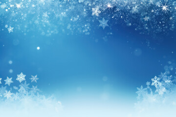 Banner with blue snowy winter Christmas background with white falling snowflakes and place for text