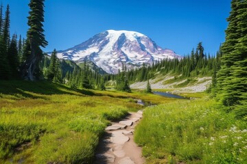 Summer trail in Mount Rainier National Park with reflection lake. Generative AI