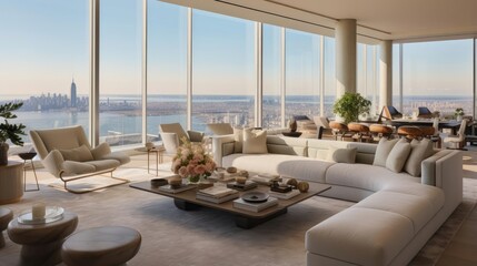 Modern penthouse apartment living room with expansive view of cityscape - obrazy, fototapety, plakaty