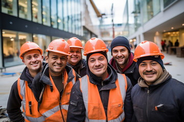 A team of factory workers in orange hard hats look into the camera.