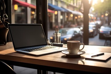 A digital nomad's workstation set up at a bustling urban coffee shop, laptop open, headphones on, with a double shot espresso next to a notepad - obrazy, fototapety, plakaty