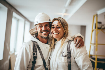 A happy couple is renovating a new apartment
