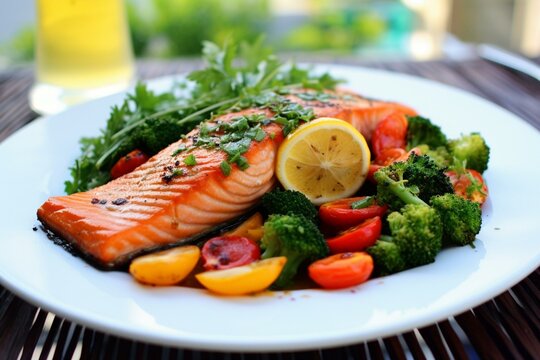 A delicious meal cooked in an air fryer: salmon and veggies on a white table. Generative AI
