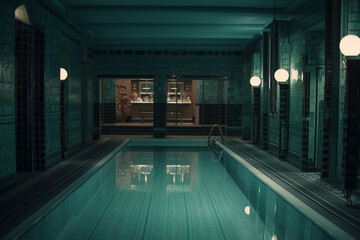 Fototapeta premium Fancy indoor hotel pool. Dark blue color palette. Aesthetic Centered perspective. Interior Design