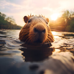 Cute capybara swimming into water. Animal close up. Mammal looking at camera - obrazy, fototapety, plakaty