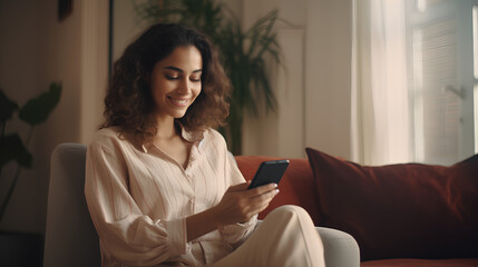 Young adult smiling pretty woman sitting on chair holding smartphone using cellphone modern technology, looking at mobile phone while remote working or learning, texting messages at home office - obrazy, fototapety, plakaty